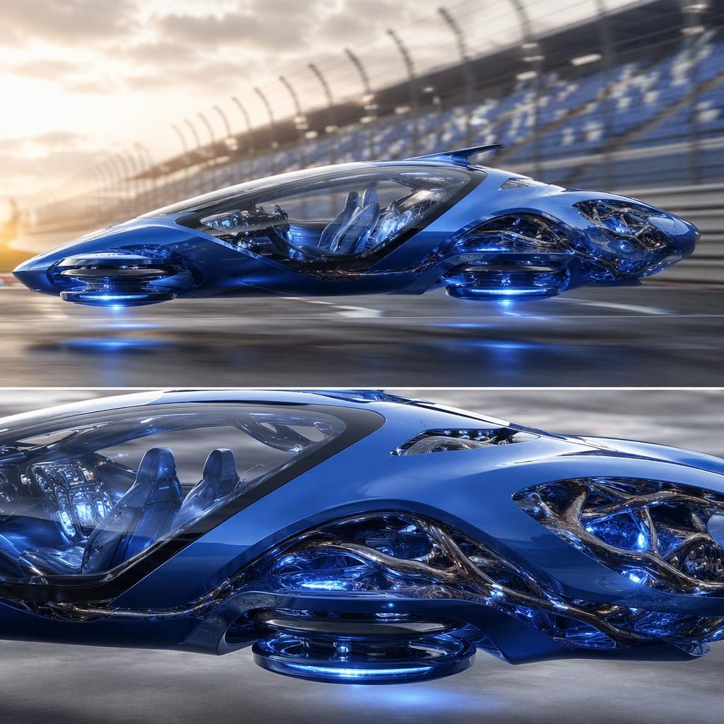 Side profile render of a 2035 aerial flying car with transparent panels, electric blue bodywork, hovering over a race track