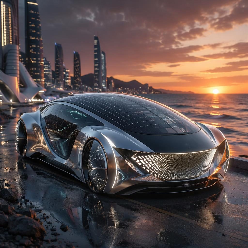 Three-quarter front render of a hydrogen-powered autonomous pod with liquid chrome body, solar canopy, and coastal sunset