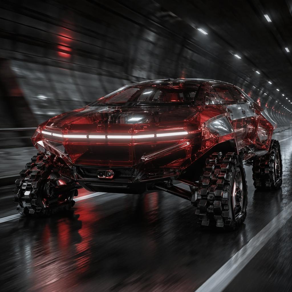 Render de SUV futurista 2050 rojo translúcido en túnel subterráneo, vista baja frontal, estilo biomimético