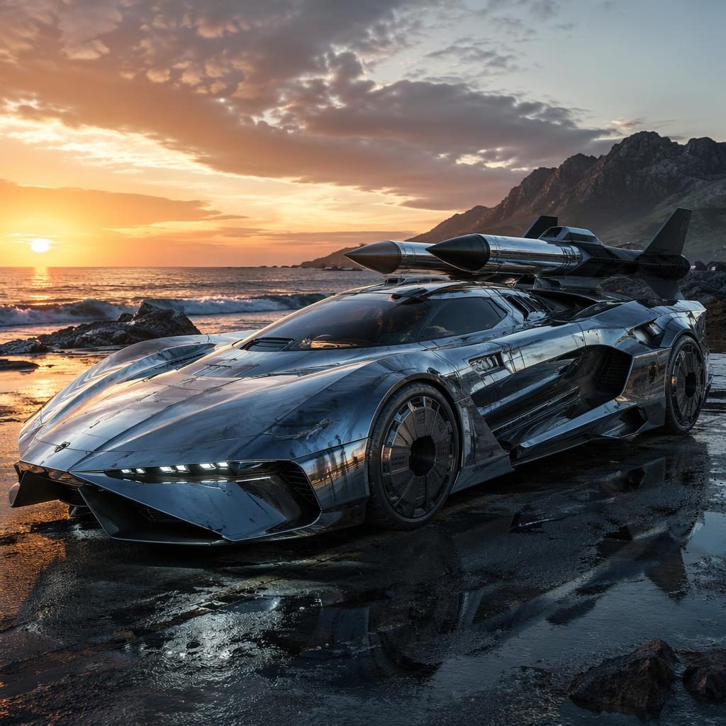 Three-quarter front view of a futuristic hydrogen sedan with liquid chrome body at a coastal sunset, cinematic render