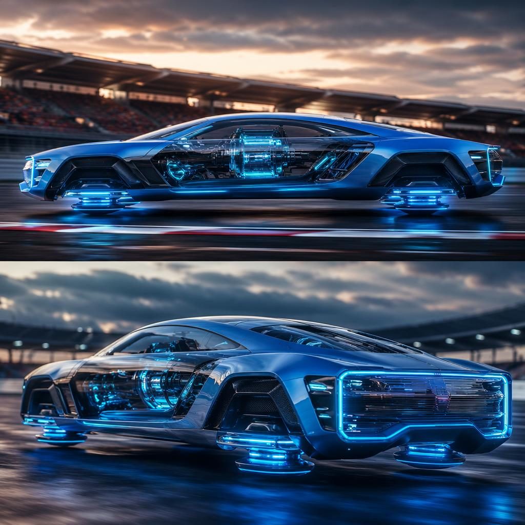 Side profile render of a 2035 electric blue maglev sedan with transparent panels on a race track under cinematic lighting.