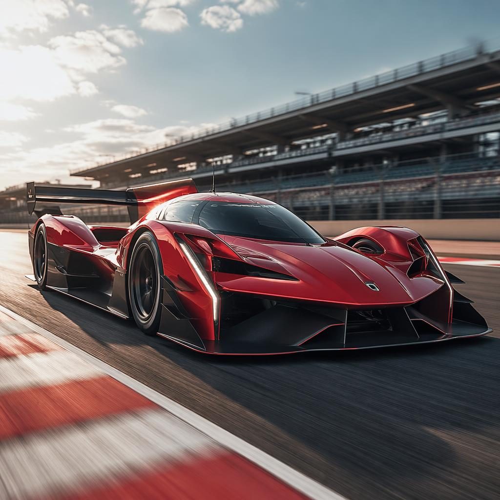 Vehículo futurista de carreras eléctrico rojo, vista frontal tres cuartos, en pista, con aerodinámica extrema y neumáticos lisos.