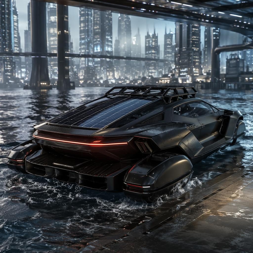 Matte black retro-futurist amphibious hovercar concept, rear three-quarter view on a vertical city skywalk