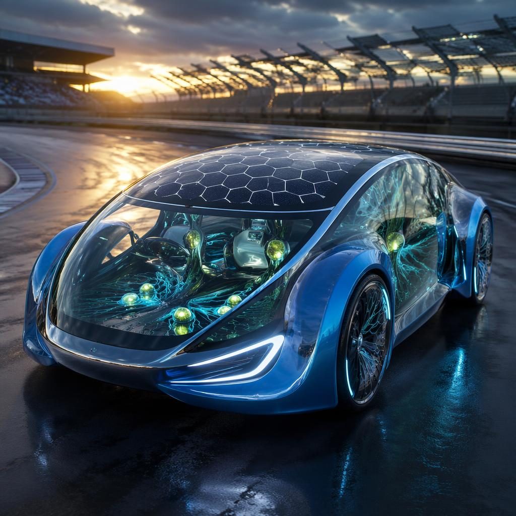 Electric blue futuristic sedan render with transparent panels and solar canopy on a race track, front three-quarter view