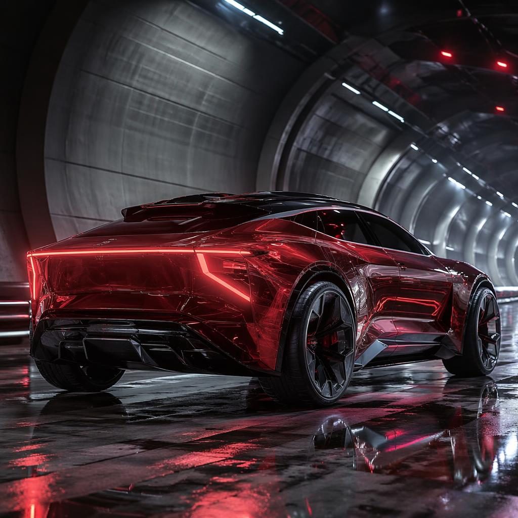 Deep red futuristic suv concept with translucent bodywork, rear three-quarter view in a cinematic underground tunnel