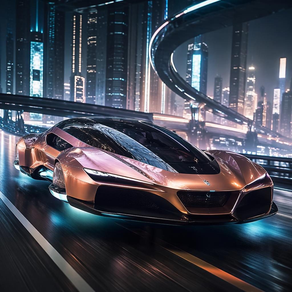 Futuristické létající kupé 2050 v měděné perleti nad neonovou dálnicí megaměsta, nízký přední pohled.