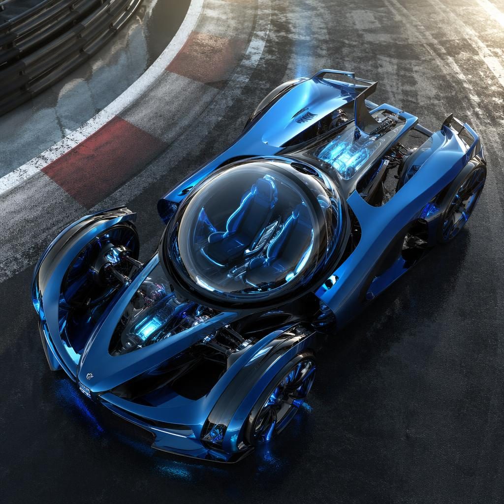 Aerial render of a futuristic electric blue hot hatch with transparent panels and rotating cabin pod on a race track.