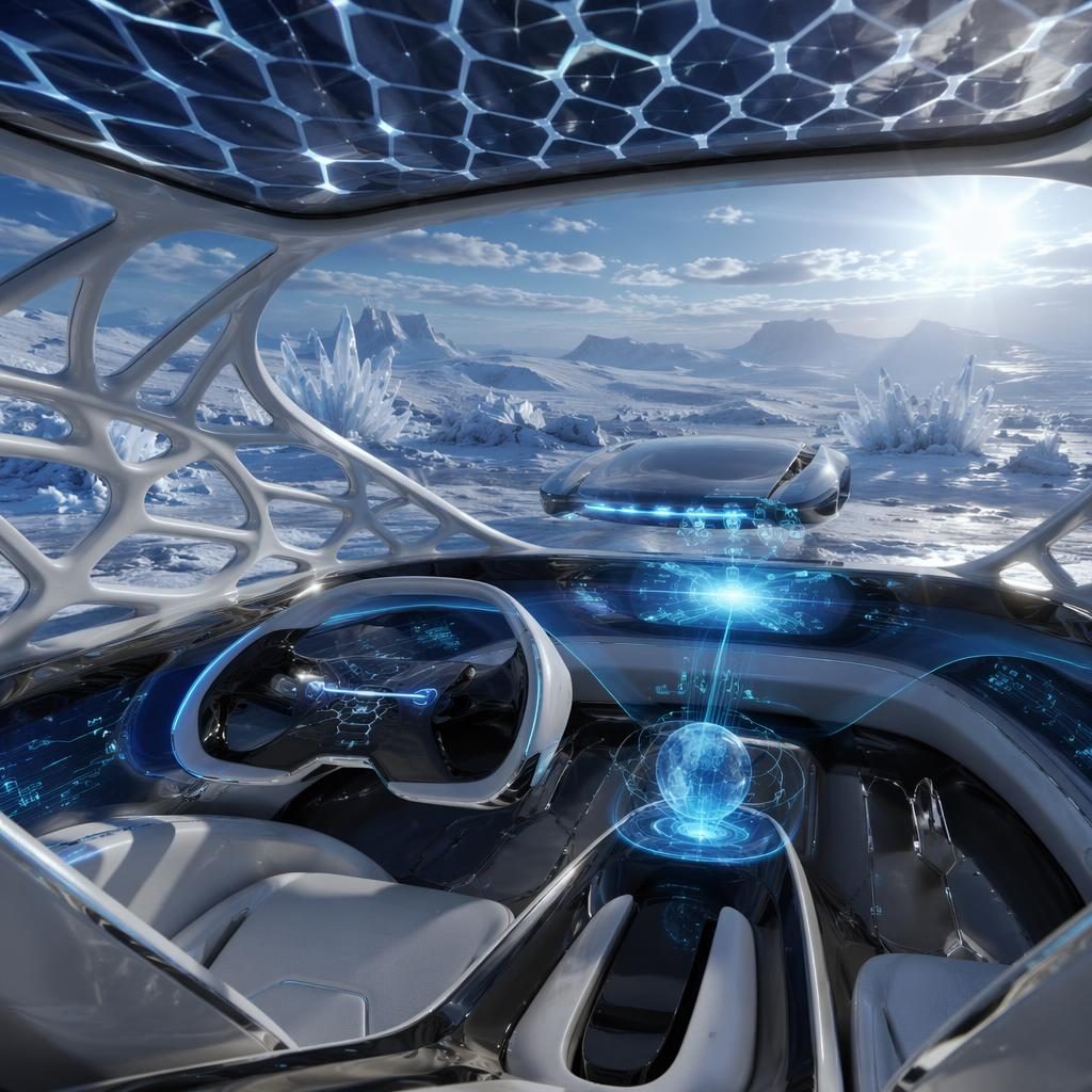 Vista interior de un gran turismo futurista 2100 con dosel solar, carrocería holográfica y paisaje de tundra helada