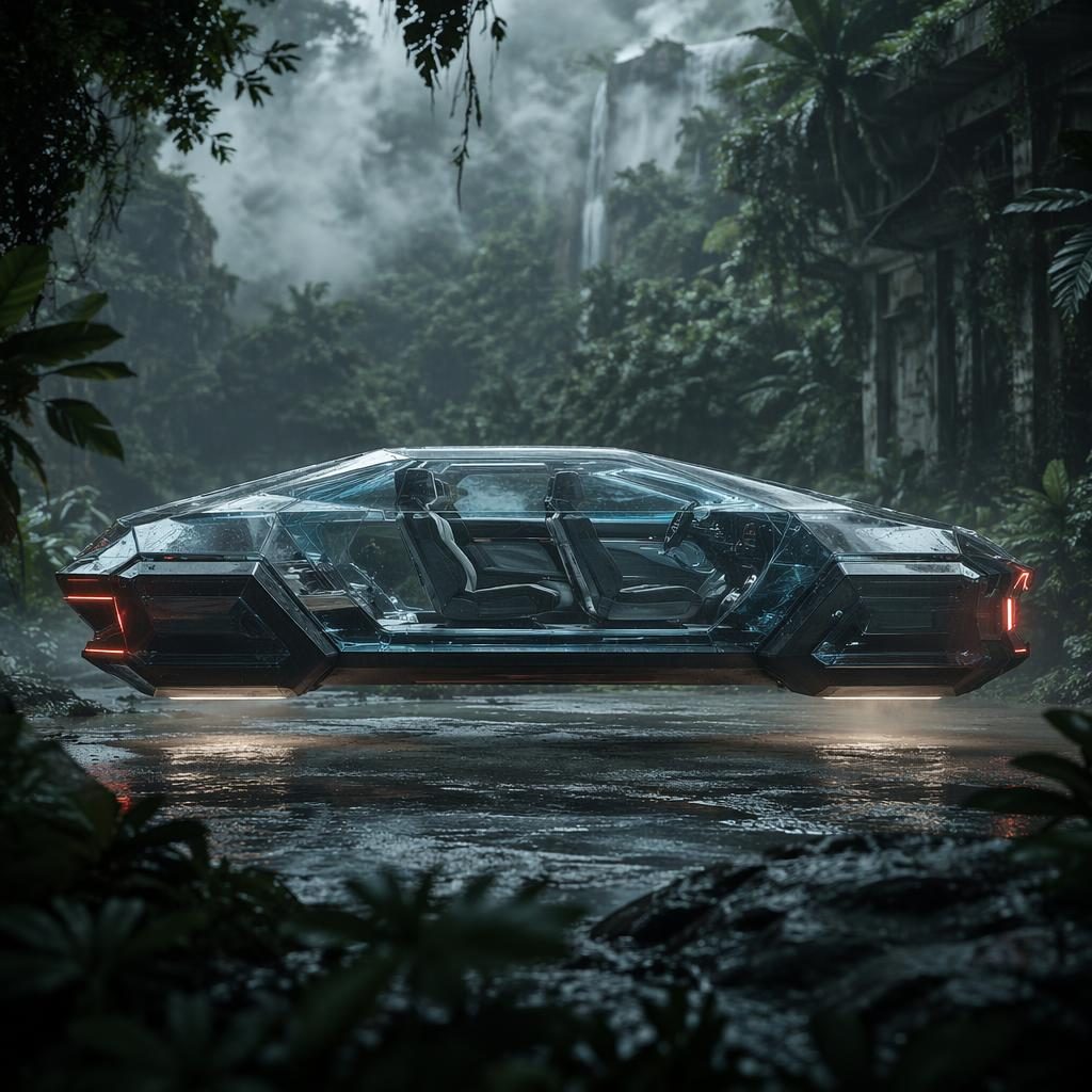 Render lateral de sedán futurista 2035 con diseño brutalista, carrocería translúcida y escena de jungla.