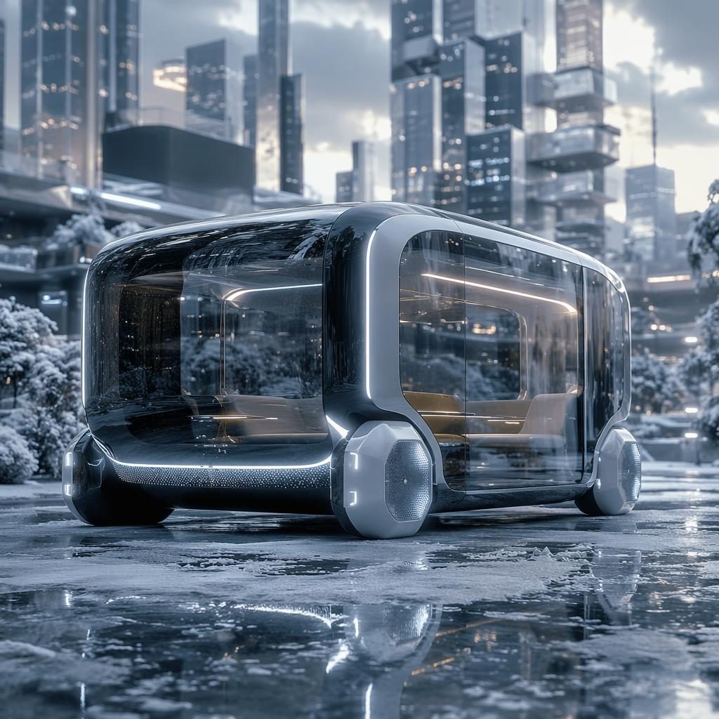 Futuristický modulární městský cube car 2050 s antigravitací na zmrzlé tundře, holografická karoserie, nízký úhel.