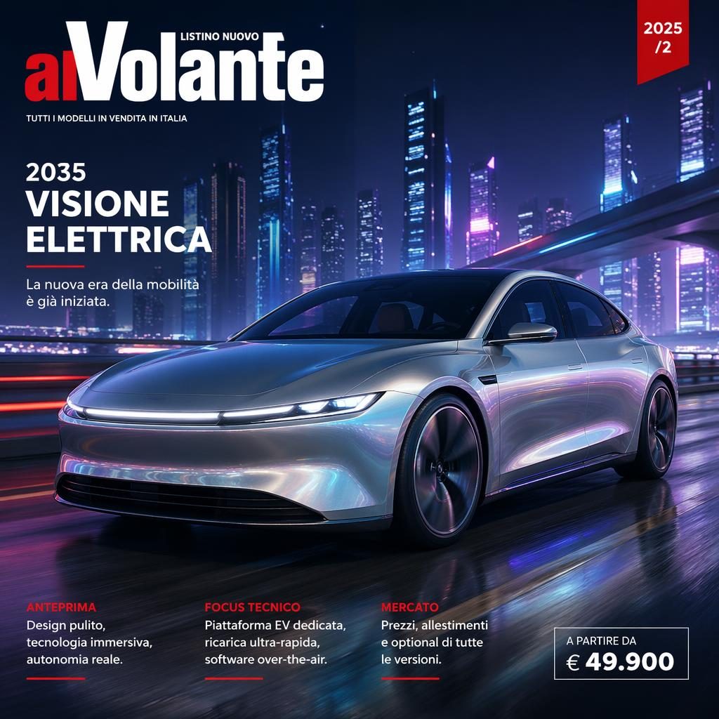 Render di berlina elettrica futuristica 2035 argento cangiante, vista tre quarti frontale su autostrada urbana al neon