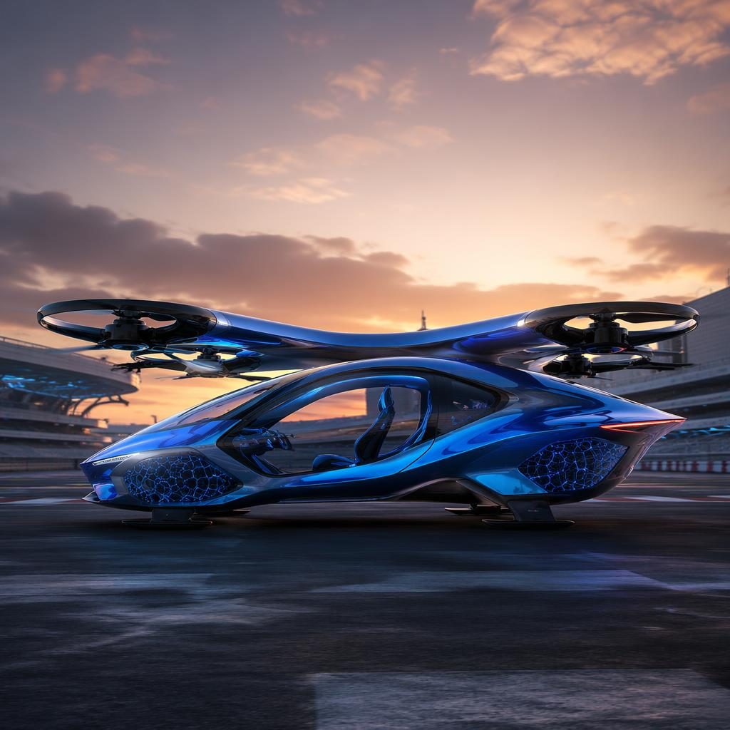 Profil latéral d’une voitur futur volante 2035, bleu électrique, avec panneaux transparents au-dessus d’un circuit