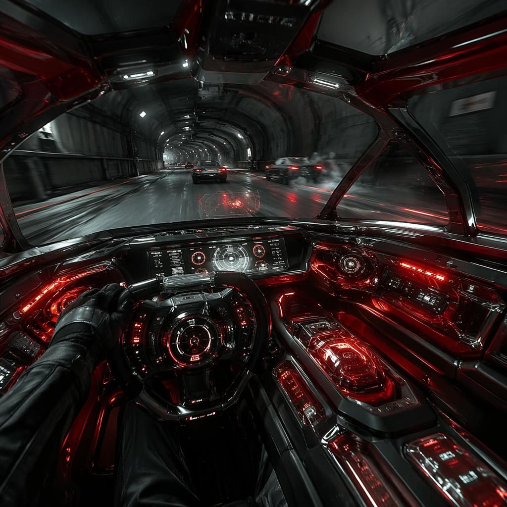 Interiér futuristického létajícího sedanu 2100 v hluboké červené, průsvitný design, podzemní tunel.