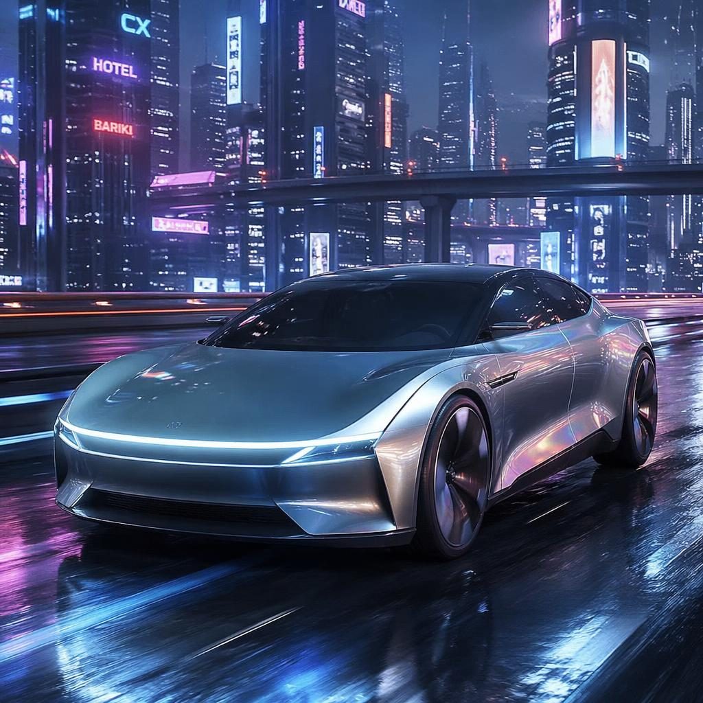 Futuristische Elektro-Limousine 2050 in irisierendem Silber, frontal aus Dreiviertelperspektive auf Neon-Highway
