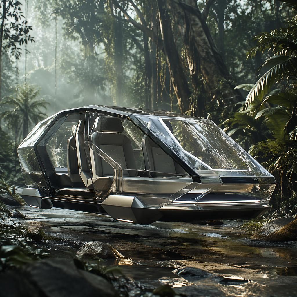 Three-quarter front render of a futuristic autonomous pod taxi sports coupe with crystal bodywork in a jungle.