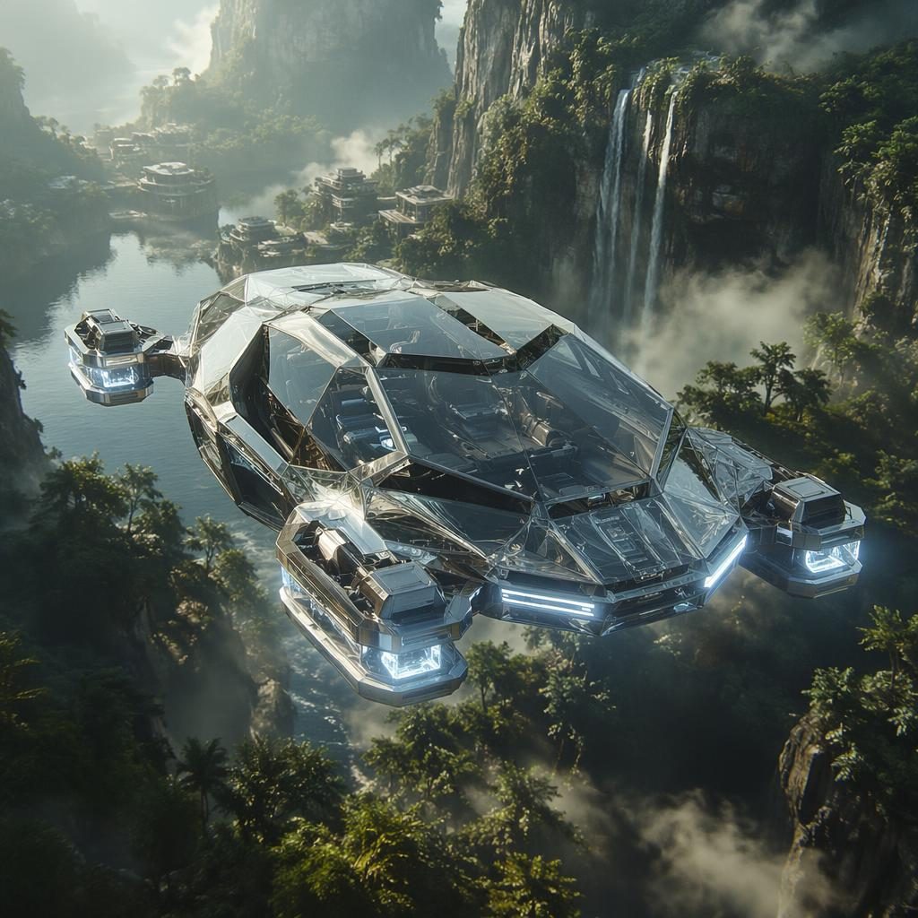 Vue aérienne d’une voitur futur 2080 volante, carrosserie en cristal translucide, design brutaliste, au-dessus d’une jungle