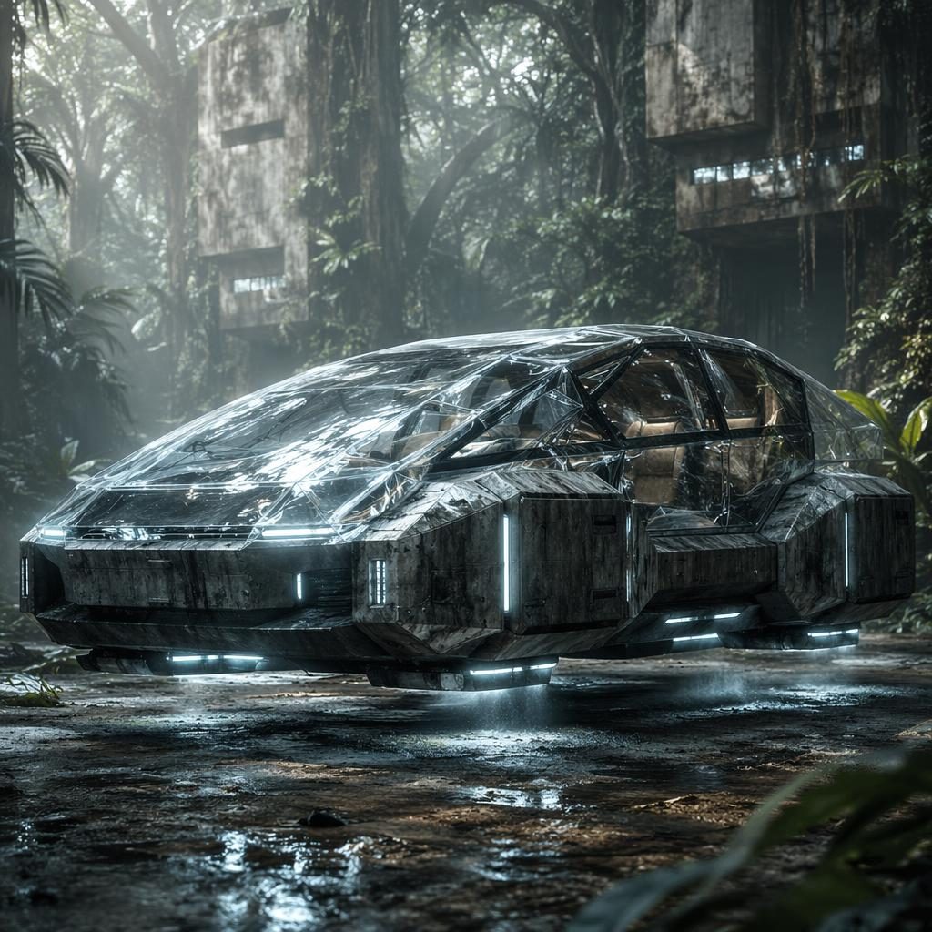 Cyberpunk-Panzerlimousine als futuristisches Hover-Fahrzeug mit Kristallkarosserie im Dschungel, Front-Dreiviertelansicht