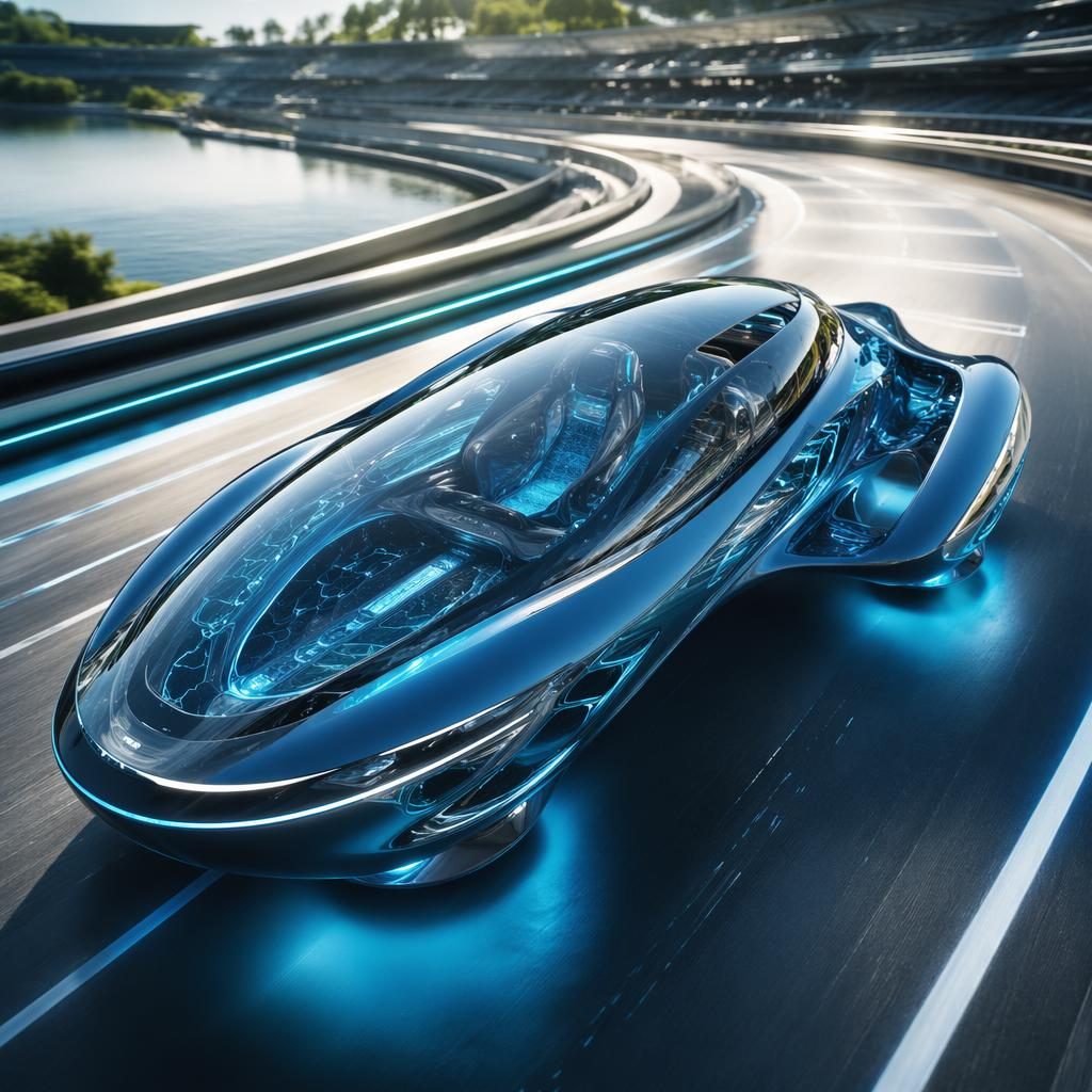 Futuristischer Magnet-Schwebe-Rennpod 2080 in Electric Blue mit transparenten Panels über einer Rennstrecke