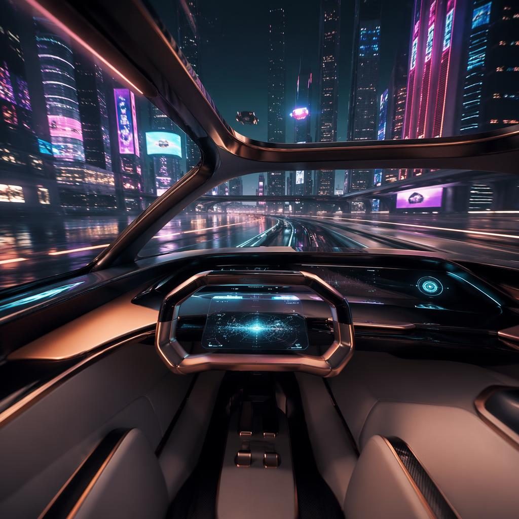 Vista interior de un coupé deportivo futurista de hidrógeno en autopista aérea neón, con diseño minimalista y carrocería cobre perlado.