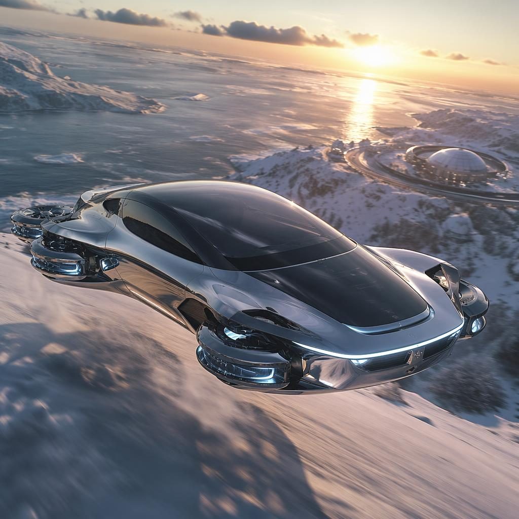 Schwebender futuristischer Snow Rover mit Liquid-Chrome-Karosserie bei Küsten-Sonnenuntergang aus der Luft