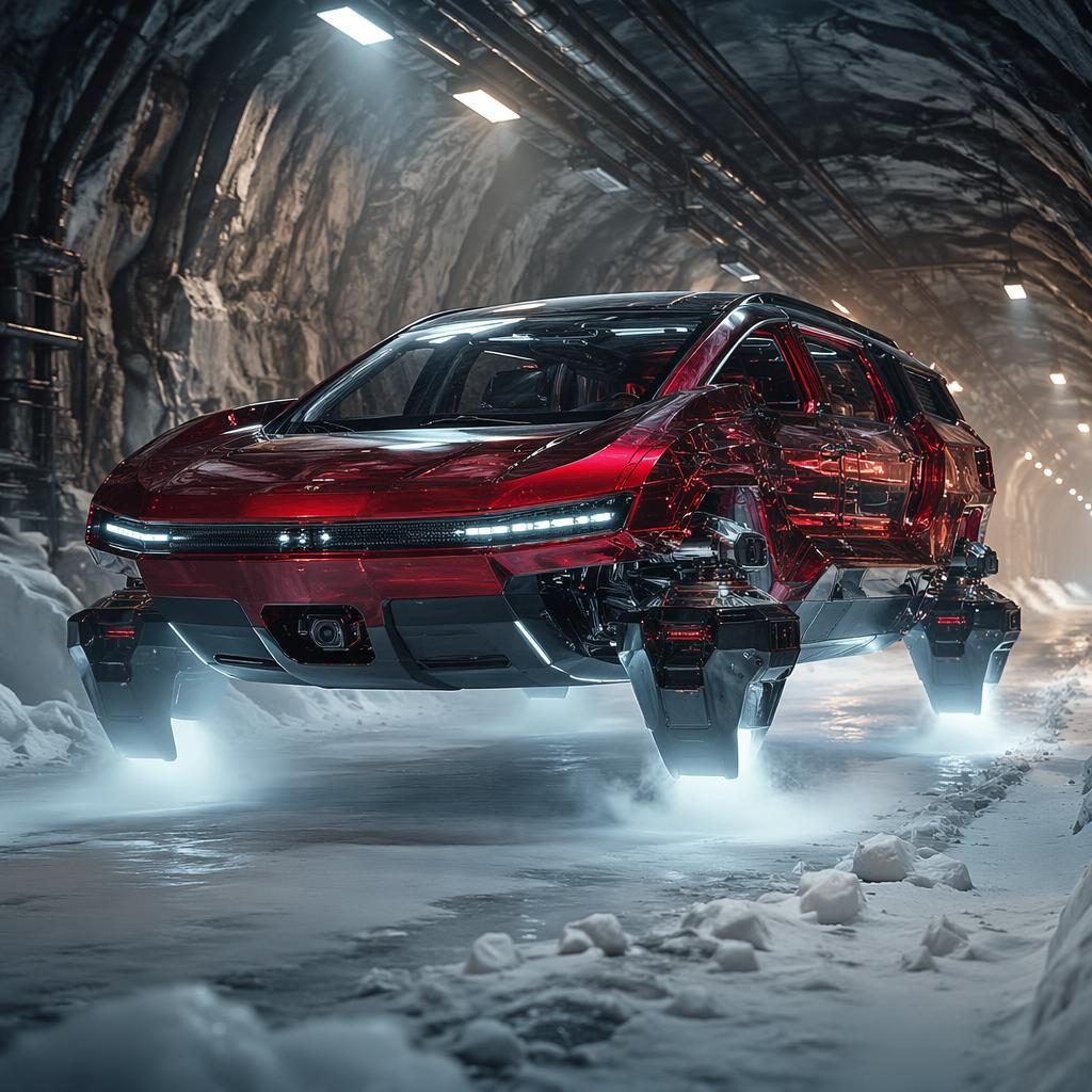Render de un SUV futurista 2050 flotante, rojo oscuro y translúcido, visto desde ángulo bajo en un túnel subterráneo