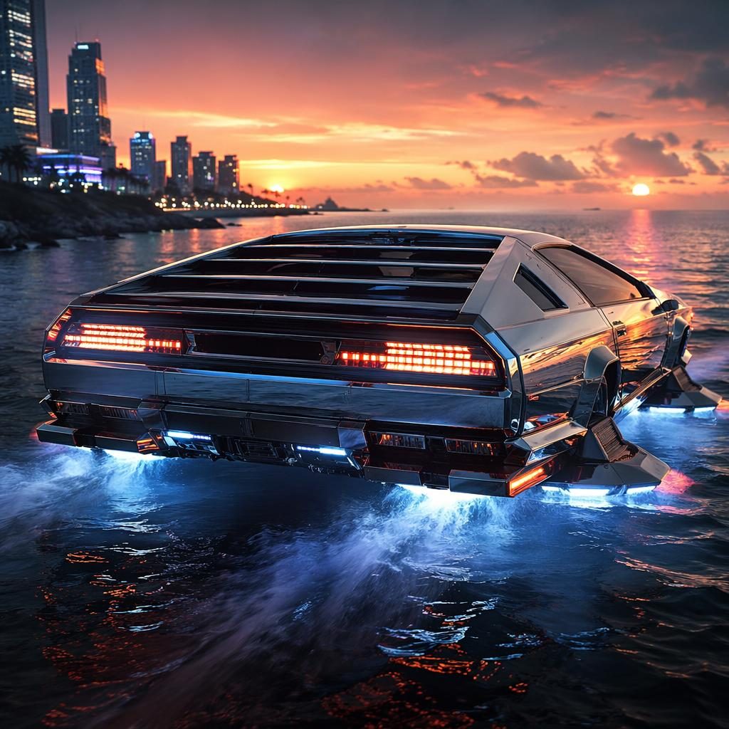 Render de hovercar anfibio futurista con carrocería cromada líquida, vista frontal tres cuartos, atardecer costero