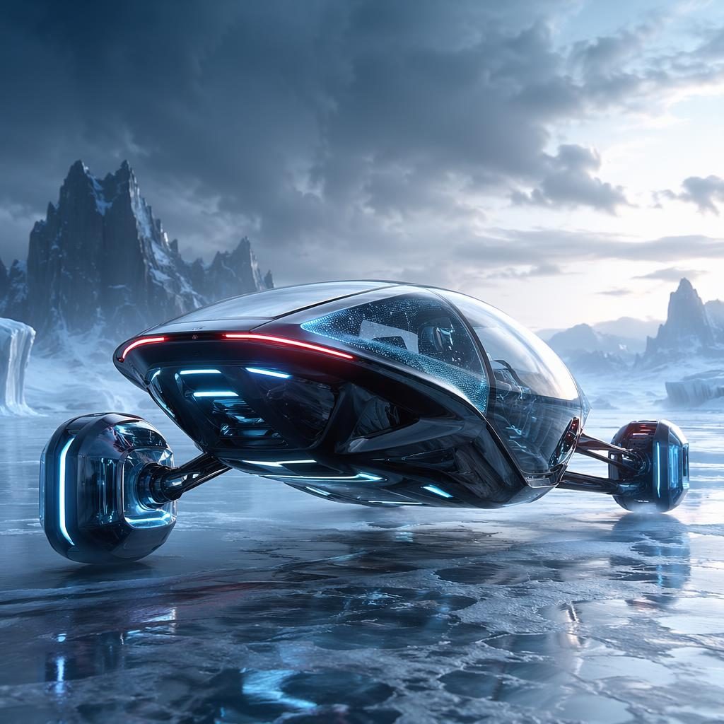 Futuristická elektrická reverzní tříkolka s holografickou karoserií na zmrzlé tundře, pohled zezadu ze tří čtvrtin.