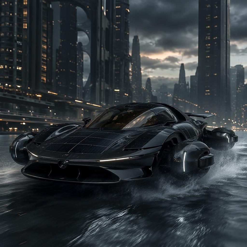 Matte black amphibious hovercar concept with solar skin, low front view on a vertical city skywalk in cinematic light