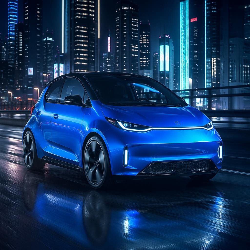 Render de hot hatch elétrico futurista 2035 azul, visto de frente em três quartos numa autoestrada neon.