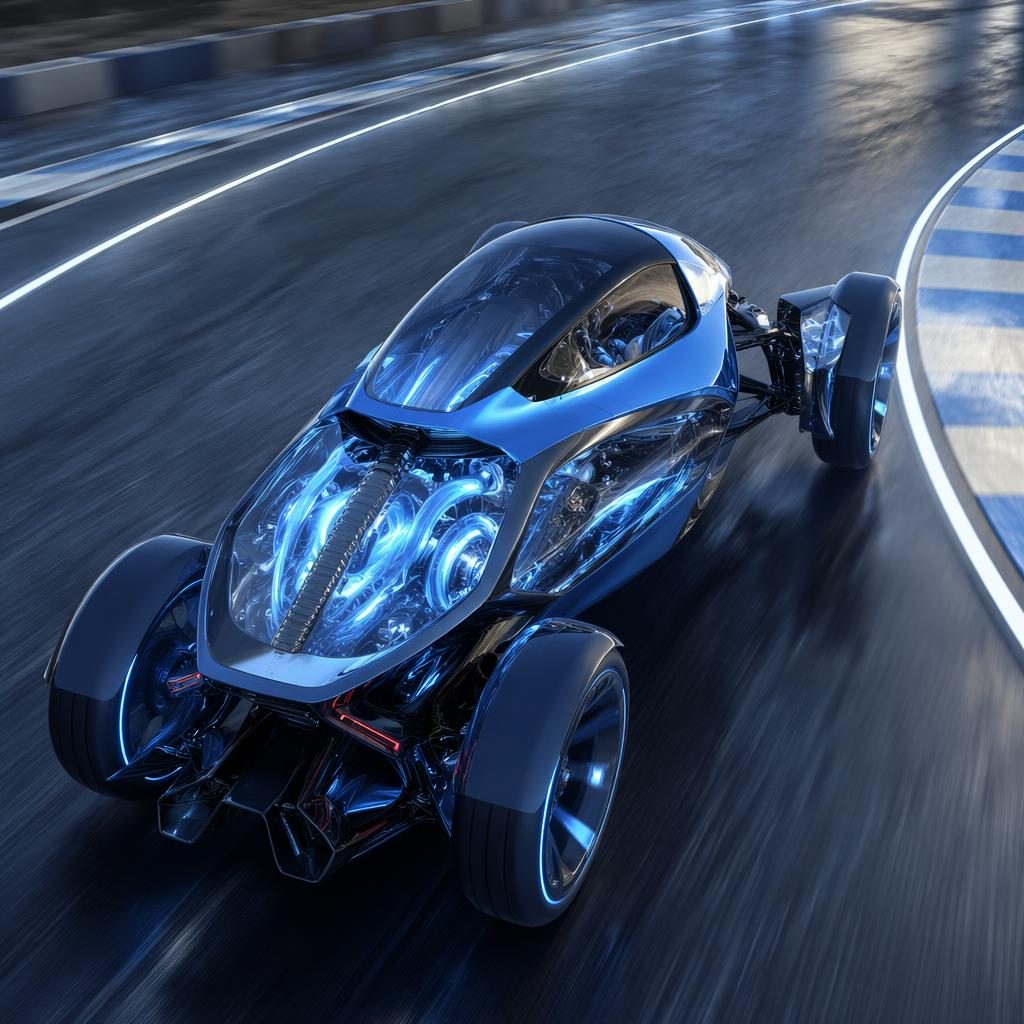 Rendu 3D d’un reverse trike électrique 2080 bleu électrique, panneaux transparents, vu du ciel sur circuit