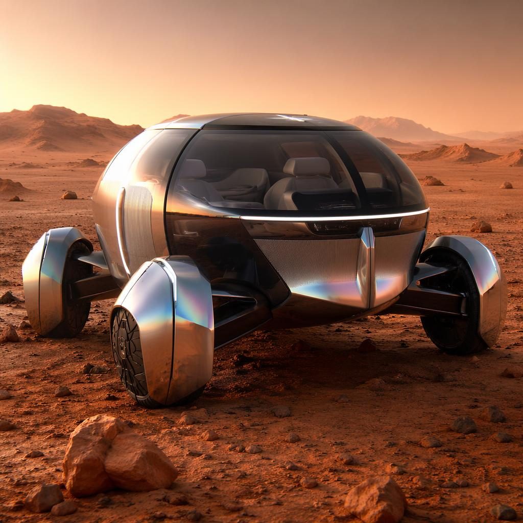 Futuristický autonomní pod s otočnou kabinou, stříbrnou iridescentní karoserií a aerodynamickým tvarem v pouštní krajině