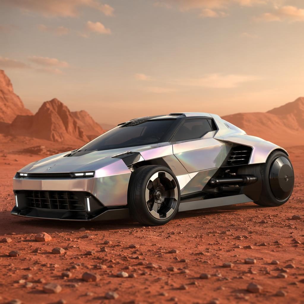 Rendu d’un trike électrique sportif futuriste argent irisé, vue trois quarts avant, dans un paysage aride martien.