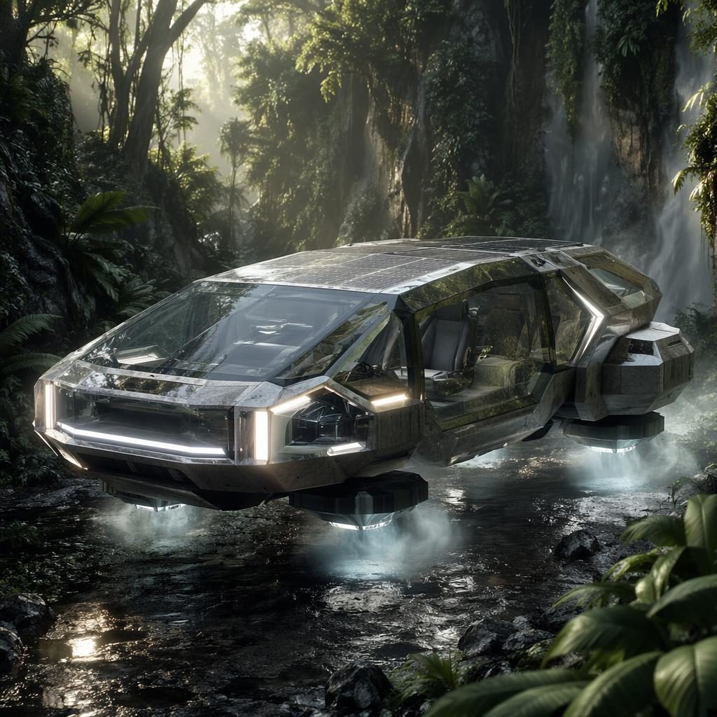 Three-quarter front render of a brutalist 2200 hover vehicle with translucent crystal body in a jungle setting