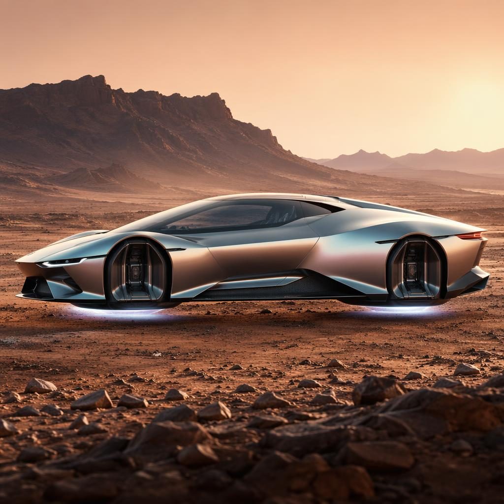 Futuristické sportovní kupé 2035 v duhově stříbrné barvě, boční pohled, pouštní krajina připomínající Mars