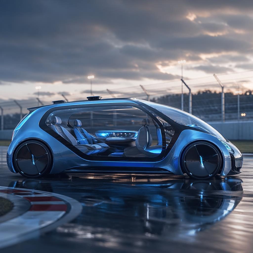 Side profile render of a futuristic autonomous pod taxi on a race track with electric blue bodywork and transparent panels.
