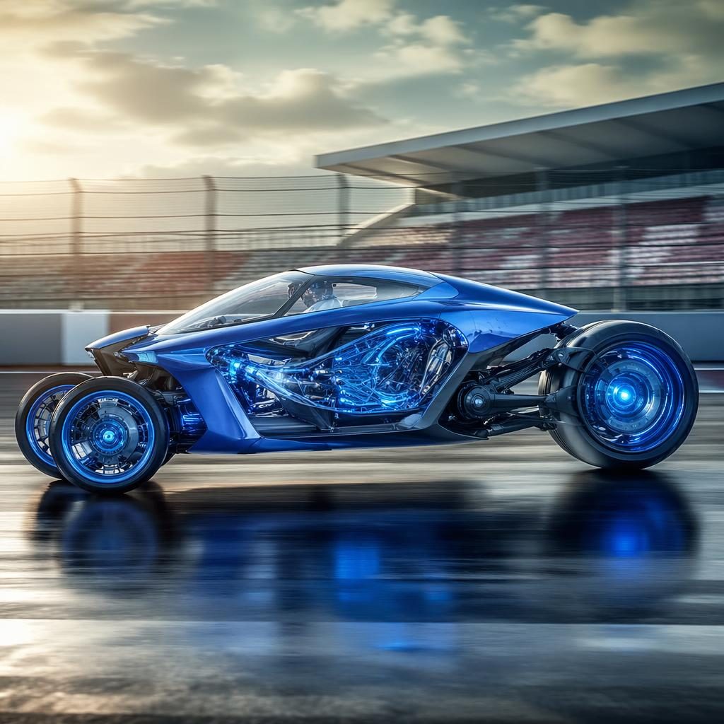 Side profile render of a 2035 reverse trike hover vehicle with transparent panels and electric blue body on a race track