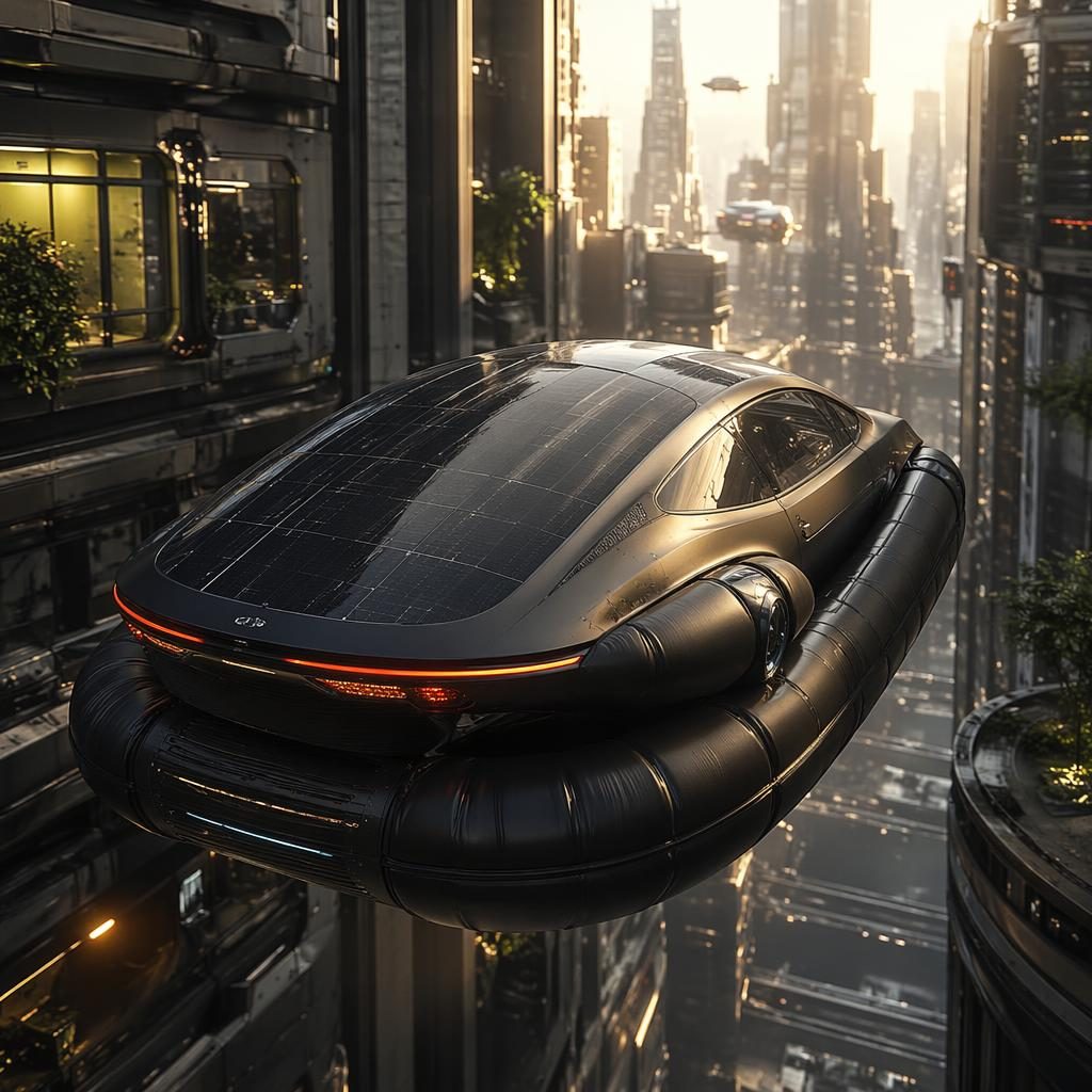 Mattschwarzes futuristisches Flying Car City-Pod im Dreiviertel-Heck auf einer vertikalen Stadt-Skywalk-Szene