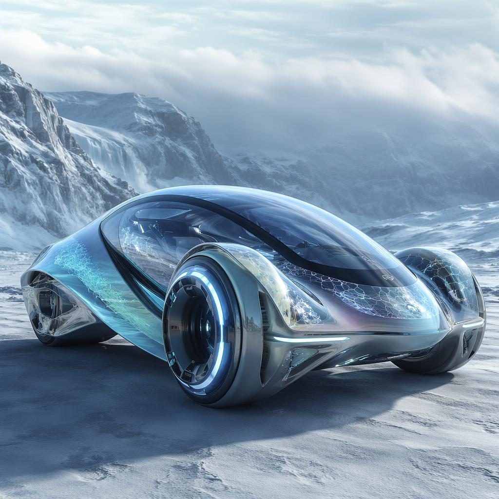 Render d’un reverse trike électrique futuriste 2050 sur toundra gelée, carrosserie holographique et design biomimétique