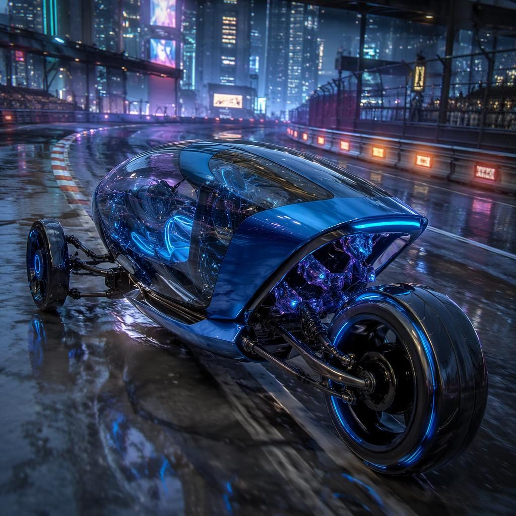 Aerial view of a futuristic electric blue reverse trike pod on a race track with transparent panels and cinematic lighting