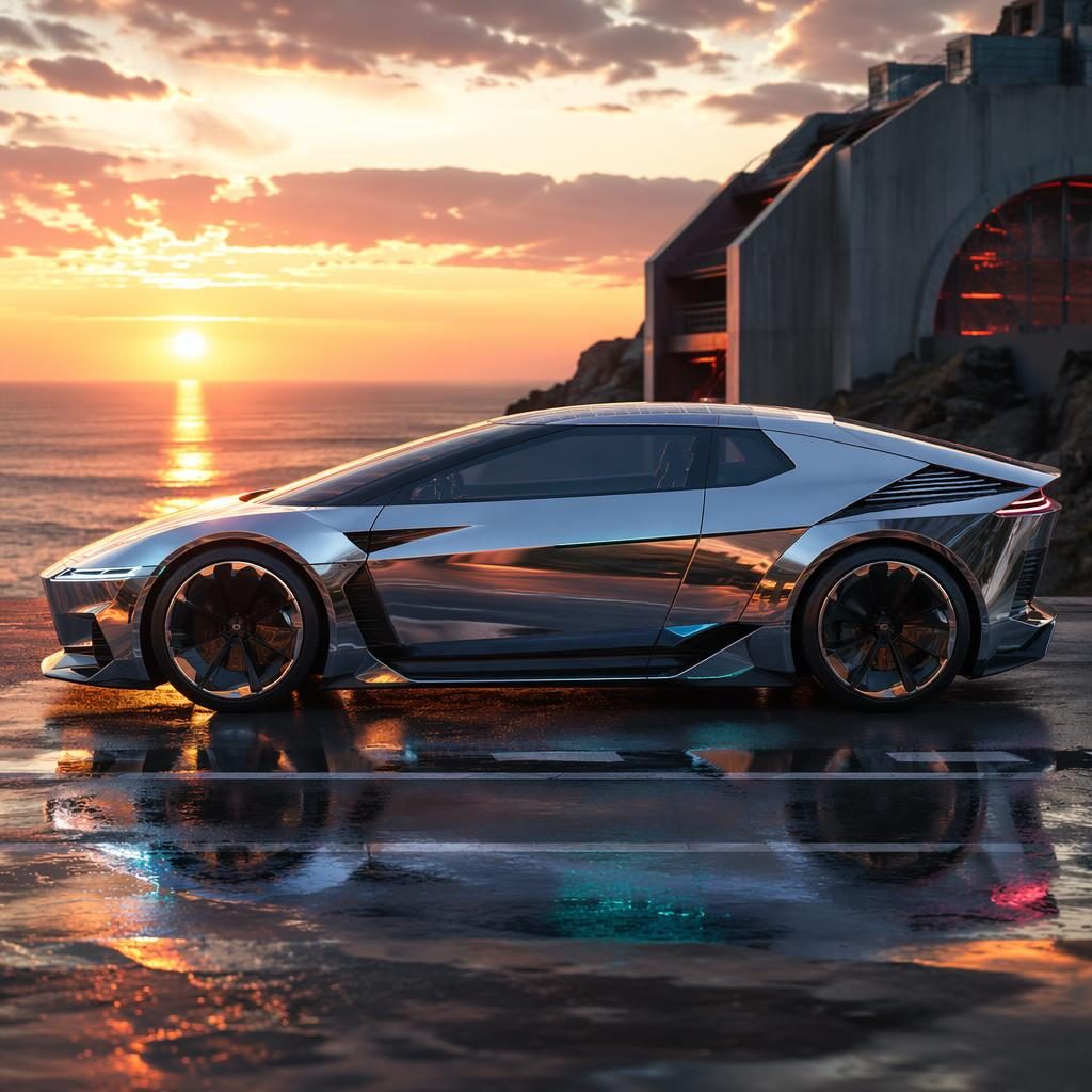 Render lateral de hot hatch futurista 2035 de hidrógeno, carrocería cromo líquido y puesta de sol costera