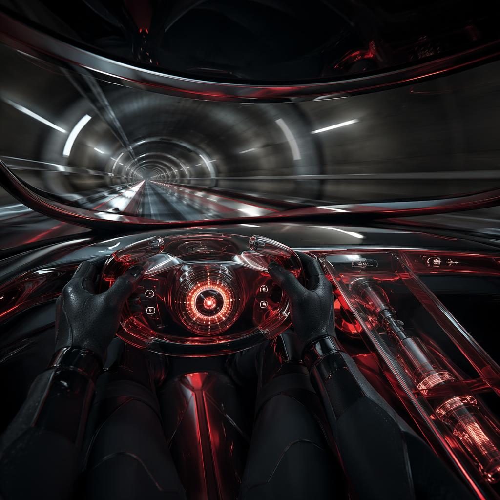 Interior POV of a deep red translucent futuristic sport coupe driving through an underground tunnel with cinematic lighting.