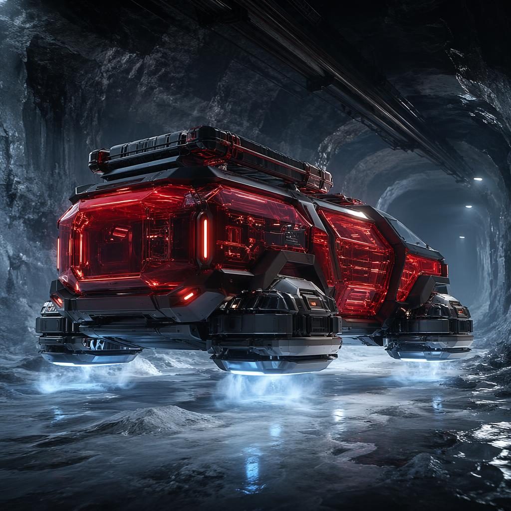 Render de un vehiculo futurista todoterreno levitante rojo oscuro, vista trasera en tres cuartos, dentro de un túnel.