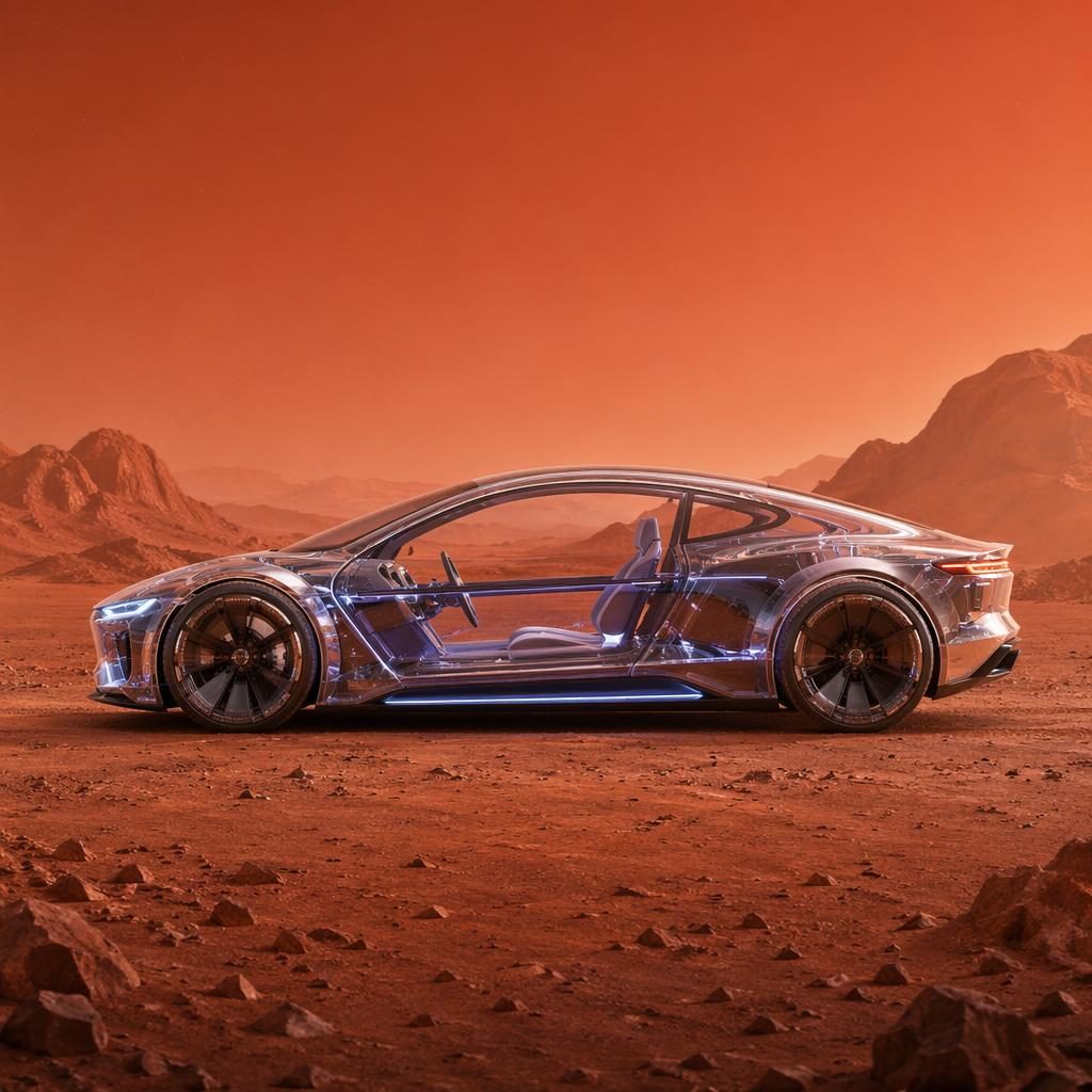 Side profile render of a futuristic iridescent silver transparent OLED sports sedan on a Mars-like desert landscape