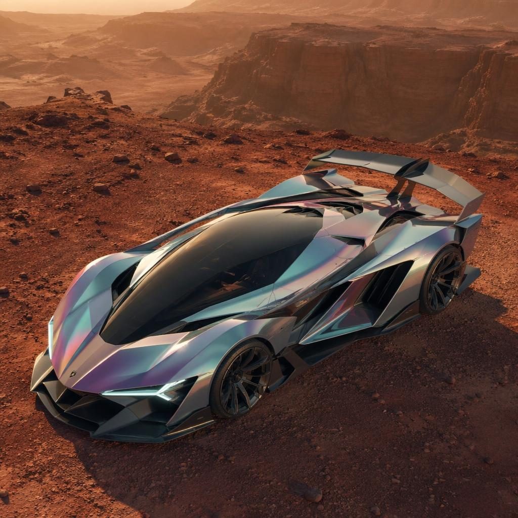 Aerial view of a futuristic 2080 silver sports coupe with graphene wing styling on a mars-like desert landscape