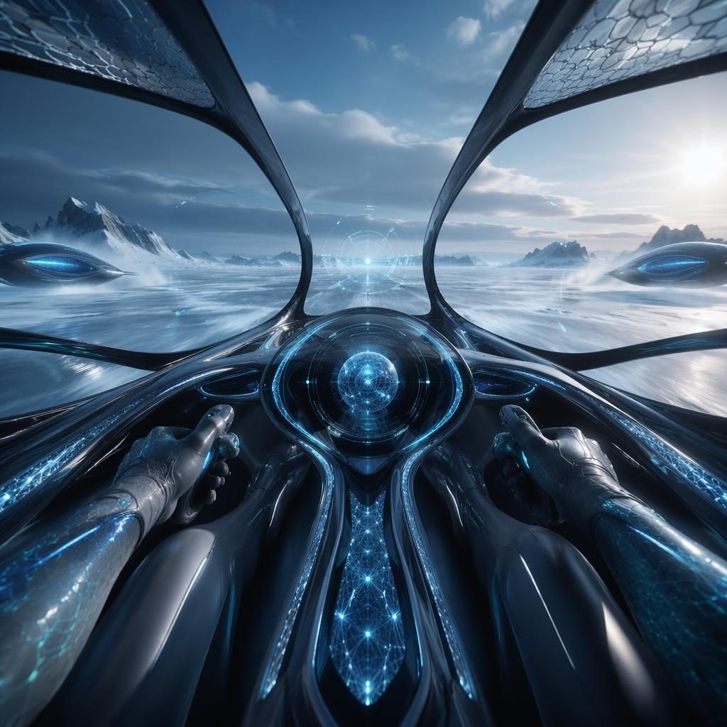Interior POV of a futuristic anti-gravity SUV with holographic bodywork crossing a frozen tundra in cinematic light.
