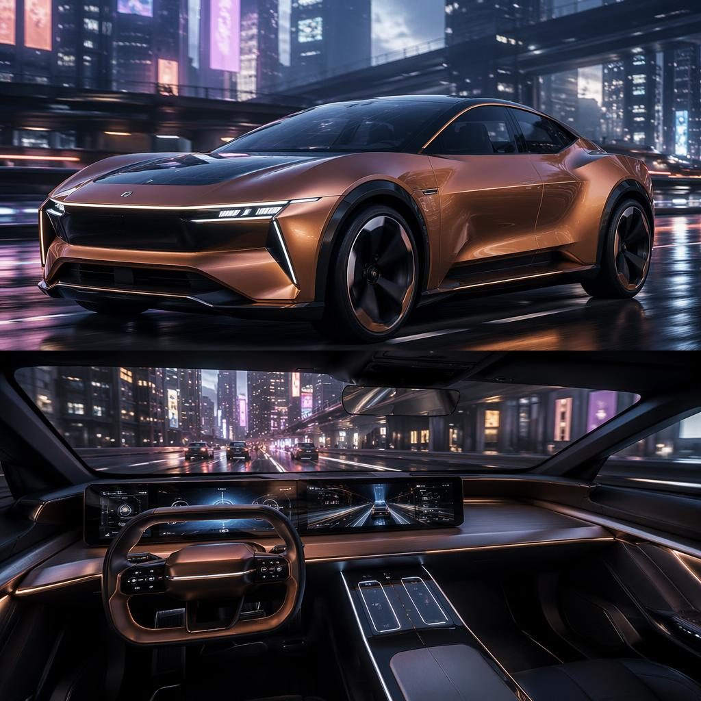 Concept render of a 2100 off-roader, electric-powered, sleek minimalism design language, copper pearl bodywork, interior
