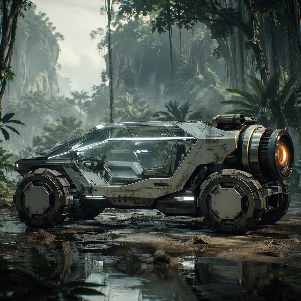 Seitenansicht eines autonomen futuristischen Pod-Roadsters 2035 mit Kristallkarosserie im Dschungel