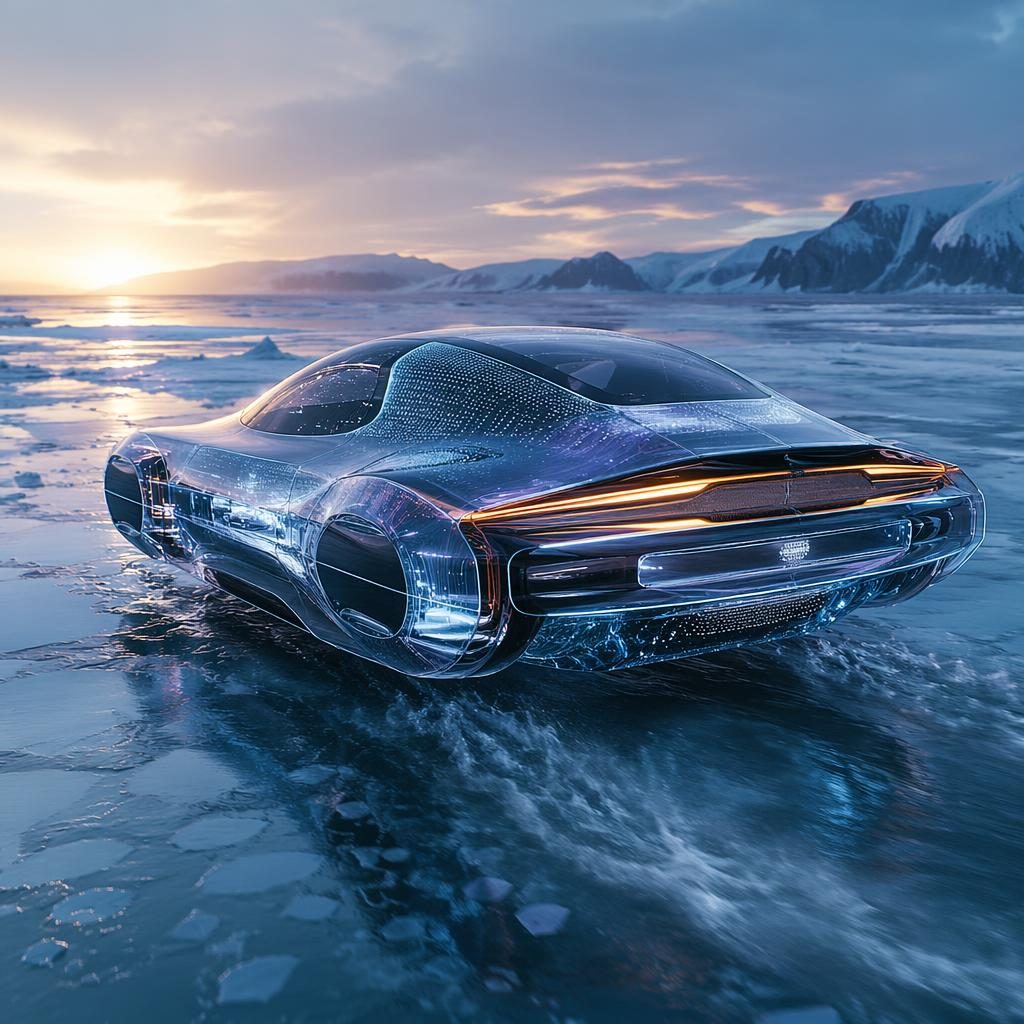 Render de hovercar anfibio futurista, vista trasera tres cuartos, carrocería holográfica sobre tundra helada