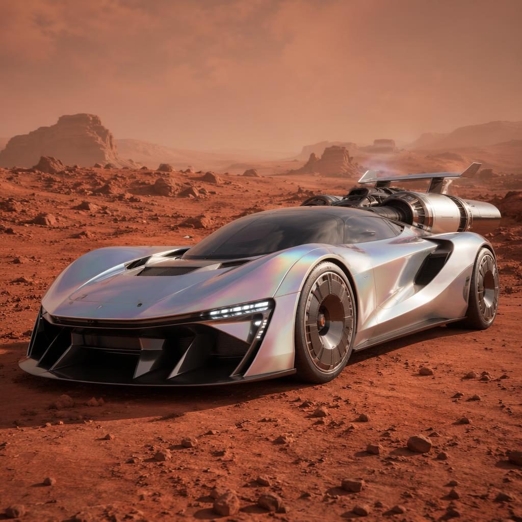 Futuristic 2200 sports coupe concept in iridescent silver on a Mars-like desert, three-quarter front view, cinematic light