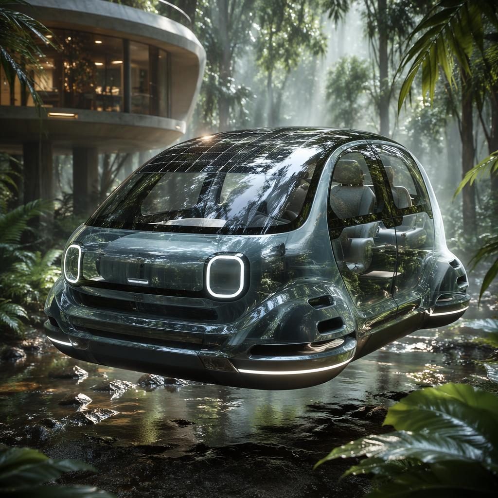 Futuristisches Sportcoupé mit Kristallkarosserie, Solar-Canopy und Brutalismus-Design im Dschungel, Front-Dreiviertelansicht